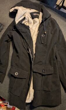 Black Hooded Coat with Faux-Fur Lining Size Small